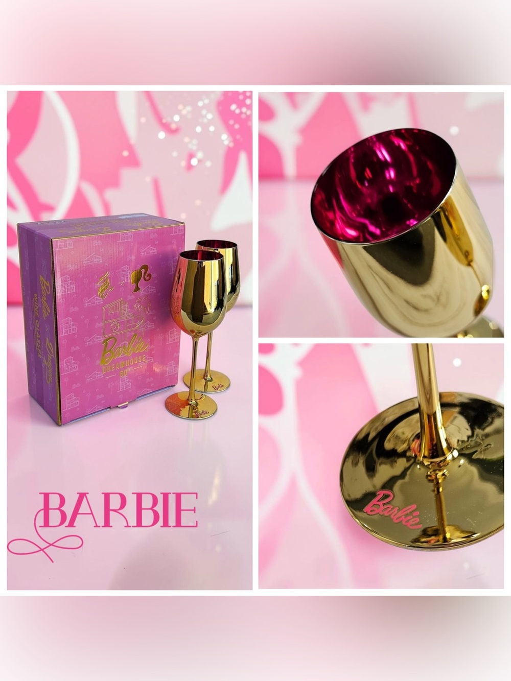 Barbie Dreamhouse 60th Gold & Pink Stemmed Wine Glasses Pair
